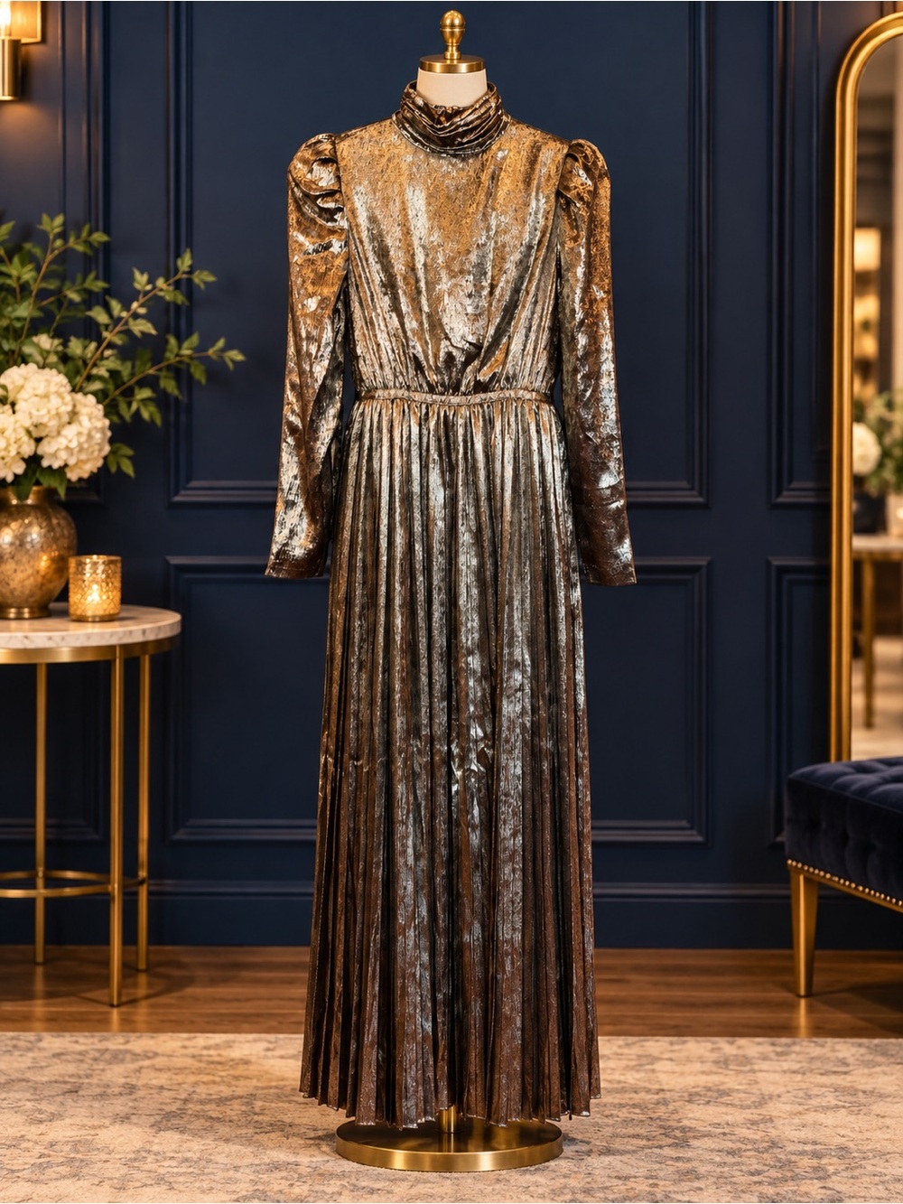 Emily McCarthy Metallic Gold Pleated Midi Dress - S